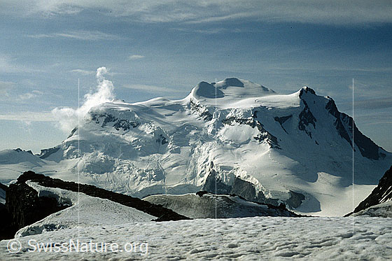Foto: Blick vom Petit Combin über den Combin de Corbassière zum Grand Combin. Zu sehen sind die Viertausender Combin de la Tsessette, Aiguille du Croissant, Combin de Grafeneire und Combin de Valsorey. Darunter die Gletscherlandschaft des Glacier du Grand Combin und Glacier de Corbassière mit Le Corridor, Plateau du Déjeuner und Plateau des Maisons Blanches. Aufnahme ab Dia.