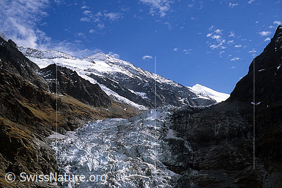 Foto: Gletscherabbruch ziwschen Unders Ischmeer und Obers Ischmeer umgeben von herbstlicher Berglandschaft mit verschneiten Gipfeln. Aufnahme ab Dia.