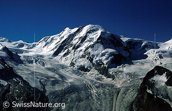 Foto: Lisjoch, Liskamm und Felikjoch von NW (Gornergrat)
Grenzgletscher und Zwillingsgletscher.
Aufnahme ab Dia.