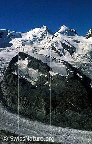 Foto: Felikjoch, Castor und Pollux, Schwarztor von N (Gornergrat)
Zwillingsgletscher, Schwärzegletscher und Gornergletscher.
Aufnahme ab Dia.