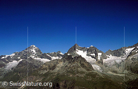 Foto: Dent Blanche, Ober Gabelhorn und Wellenkuppe von E (Gornergrat).
Aufnahme ab Dia.