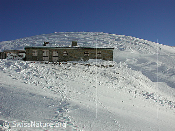 Foto: Eingewehte Hütte unterhalb des Gipfels des Gandhorn.