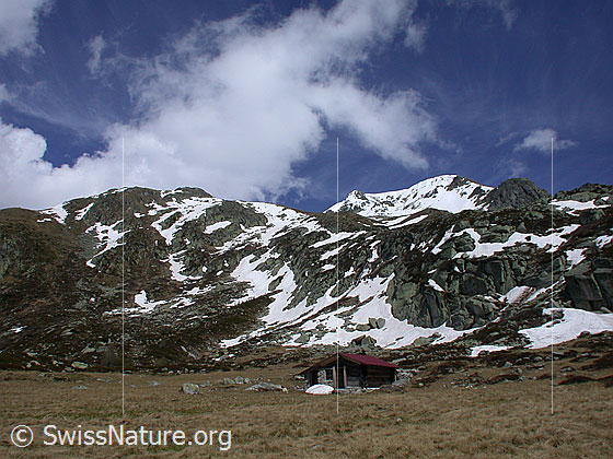 Foto: Berglandschaft E vom Mässersee. Im Vordergrund ist eine Alphütte sichtbar.