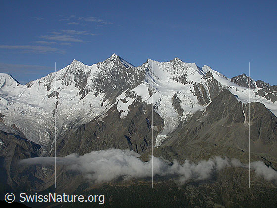 Foto: Mischabel von E
Mischabeljoch, Täschhorn, Dom, Lenzspitze, Nadelhorn, Stecknadelhorn, Hohberghorn und Dürrenhorn. Vorgelagert das Ulrichshorn