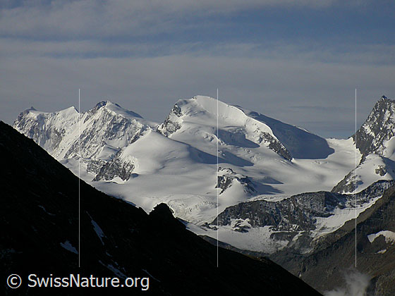 Foto: Monte Rosa und Strahlhorn von NNE (Hohsaas)
Signalkuppe, Zumsteinspitze, Dufourspitze, Nordend, Strahlhorn, Adlerpass und Rimpfischorn.