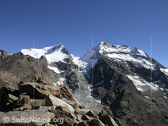 Foto: Fletschhorn und Lagginhorn von WNW  (Gipfel Jegihorn)
Dazwischen der Fletschhorngletscher.
