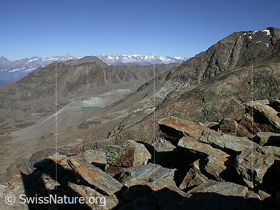 Foto: Bergsee (2768m) ob Saas Balen von N (Gipfel Jegihorn). Im Vordergrund ist der Bergsee (2768m) oberhalb Saas Balen zu sehen.
Dieser See liegt in einer Permafrostzone und gefährdet Saas Balen. Der Wasser fliesst durch den Gletscherbach Fellbach an der Grubenalp vorbei hinuter nach Saas Balen.