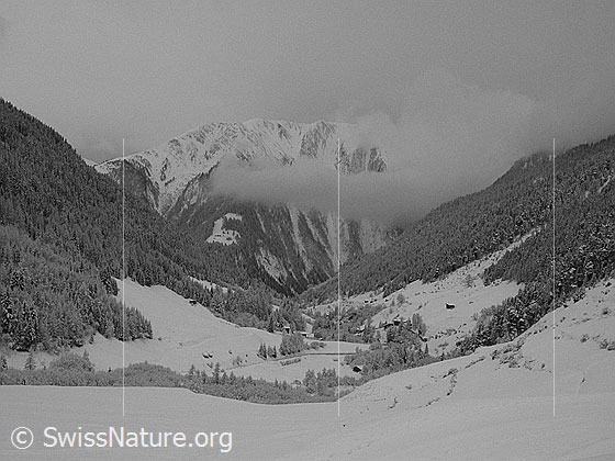 Foto: Tief verschneites Binntal. Im Hintergrund das Breithorn.