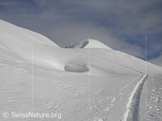 Foto: Aufstiegsspur in einsamer Landschaft. Im Hintergrund das Gandhorn.