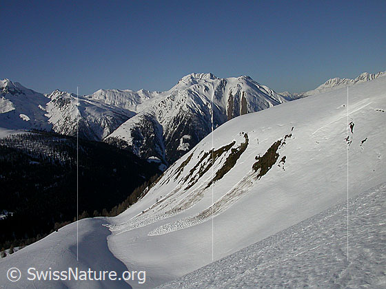 Foto: Im Aufstieg zum Gandhorn: Blick Richtung Saflischtal, Bättlihorn und Breithorn (WSW). Im Vordergrund sind einige kleine Lawinen zu sehen.