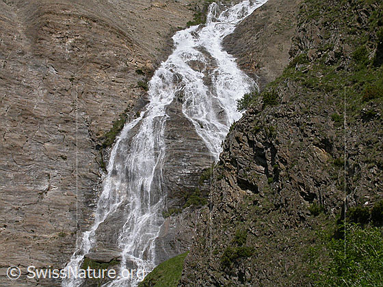 Foto: Wasserfall am Ausgang des Fäldbachtals während Schneeschmelze, Ausschnitt.