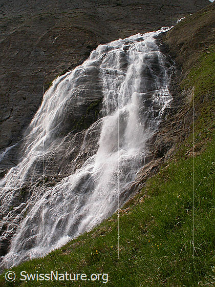 Foto: Wasserfall am Ausgang des Fäldbachtals während Schneeschmelze, Ausschnitt.