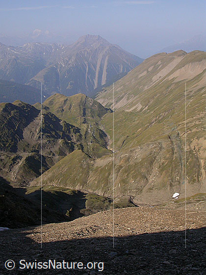 Foto: Unterhalb 2. Turbechepf: Blick über das Fäldbachtal zu Breithorn und Bättlihorn.