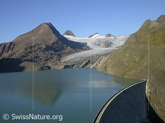 Foto: Griessee mit Staumauer
Im Hintergrund: Bättelmatthorn, Rothorn, Griesgletscher und Blinnenhorn.