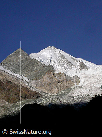 Foto: Weisshorn und Bisgletscher von E (Nähe Randa)
Zu sehen ist der Ostgrat (Normalroute) sowie die NE-Wand.
