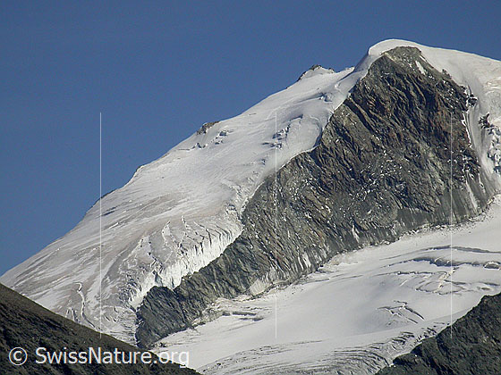 Foto: Bishorn von WNW
Gut sichtbar ist die Breite Rampe mit dem Turtmanngletscher. Die Normalroute verläuft über diese Rampe.
