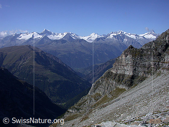 Foto: Im Abstieg vom Gischigletscher: Blick zum Breithorn und den Berner Alpen.
