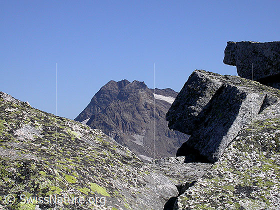 Foto: Gross Schinhorn: Blick über Blöcke des Gipfelgrats zum Ofenhorn.