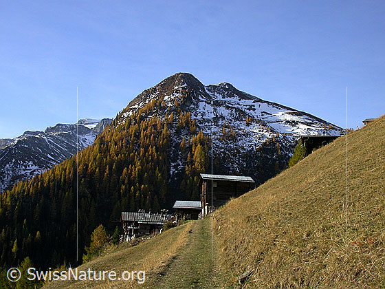 Foto: Im Aufstieg zum Breithorn: Weiler Rufibort, dahinter das Meiggerehorn.