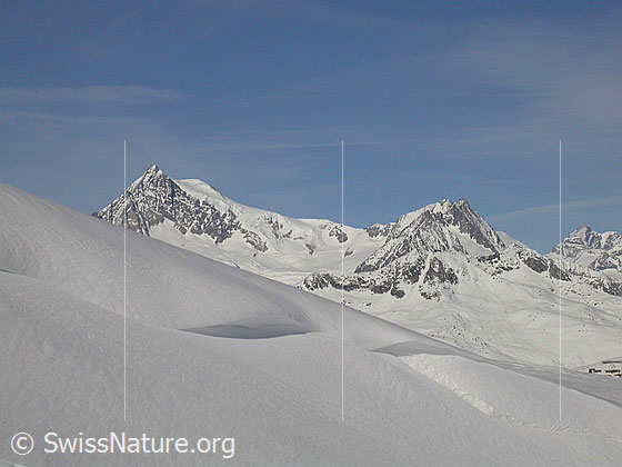 Foto: Aletschhorn und Dreieckshorn. Im Vordergrund eine Schneeverwehung/Wächte.