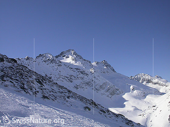 Foto: Im Aufstieg durch das Hotäl zum Grossen Schinhorn. Blick zu Schwarzhorn und Fleschhorn.