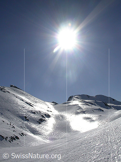 Foto: Blick vom Schwarzsee zum Grossen Schinhorn. Der Schnee ist von einer dünnen Eisschicht überzogen, welche im Sonnelicht glänzt.