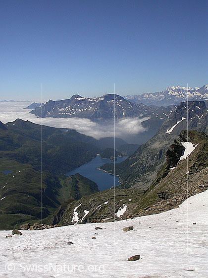Foto: Im Aufstieg zum Ofenhorn. Blick Richtung SSW (Lago Devero). Nebelmeer über Norditalien. Rechts die Monte Rosa-Gruppe.