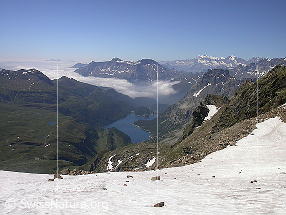 Foto: Im Aufstieg zum Ofenhorn. Blick Richtung SSW (Lago Devero). Nebelmeer über Norditalien. Rechts die Monte Rosa-Gruppe.