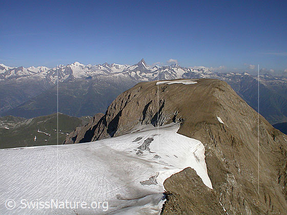 Foto: Blick vom Gipfel des Ober Rappehorn über Rappehorn und Rappegletscher zu den Berner Alpen.