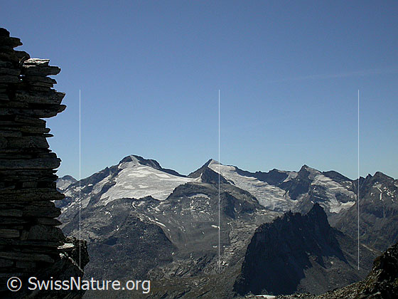 Foto: Güfferhorn, Rheinwaldhorn und Grauhorn von NE (Gipfel Frunthorn). Davor das Zervreilahorn.