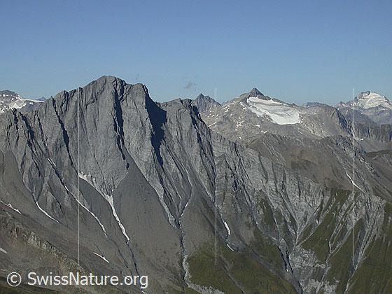 Foto: Piz Terri von ESE (Gipfel Frunthorn).
Rechts davon Piz Greina und Oberalpstock.
