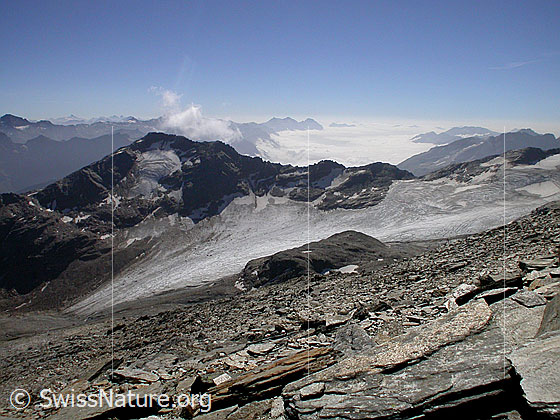 Foto: Aussicht Fanellhorn: Chilchalphorn und Fanellgletscher. Dahinter Nebelmeer über dem Misox.