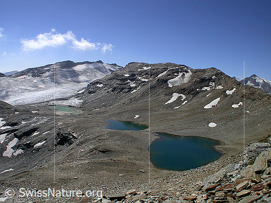Foto: Im Abstieg zu den Seen südlich des Fanellhorn: Blick auf die 3 Bergseen und das Lorenzhorn.