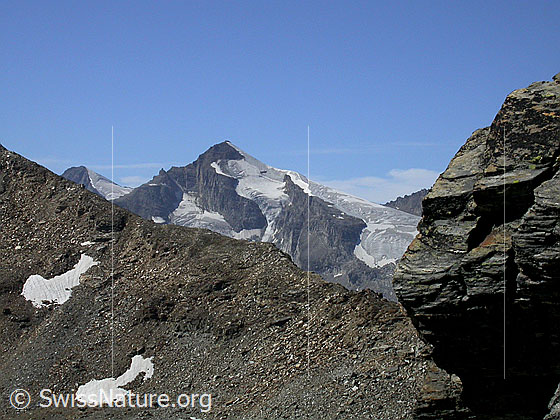 Foto: Im Abstieg zu den Seen südlich des Fanellhorn: Blick über die Fanellücke zu Rheinwaldhorn und Güferhorn.