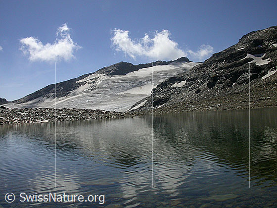 Foto: Seen südlich des Fanellhorn: Blick über den zweiten See Richtung Lorenzhorn, Fanellgletscher und Rotgrätli. Schwache Spiegelung.