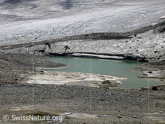 Foto: Bergseen südlich des Fanellhorn: Dritter Bergsee, dahinter der Fanellgletscher. Der Gletscher bricht in den Bergsee ab.