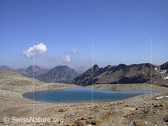Foto: Im Aufstieg zur Fanellücke: Blick über den zweiten Bergsee Richtung E.