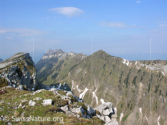 Foto: Blick vom Gipfel Richtung SW: Kamm der Sieben Hengste, Sichle (dahinter das Justistal). Sigriswiler Rothorn, Burst.