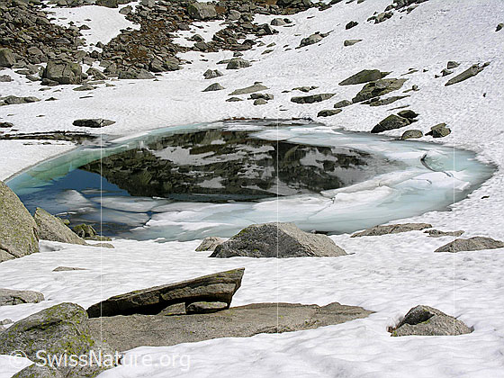 Foto: Bergsee, welcher zum Teil noch mit Eis/Schnee bedeckt ist. Mit Spiegelung.