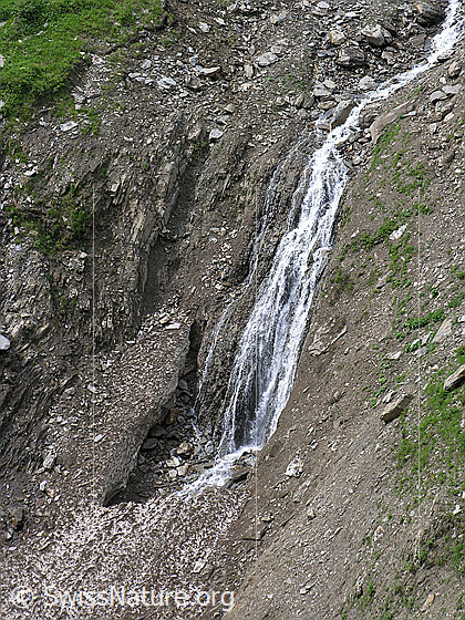Foto: Kleiner Wasserfall und schuttbedeckte Schneereste in der Twingischlucht.