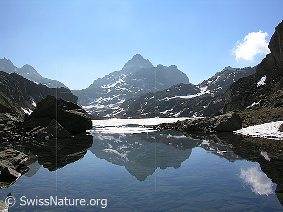 Foto: Blick über die Spiegelung im Züesee zum Grampielpass und Grampielhorn. Ein Teil des Sees ist noch eisbedeckt. Im klaren Bergsee sind Steinplatten zu sehen. Ein grosser Felsblock spiegelt sich im Wasser.