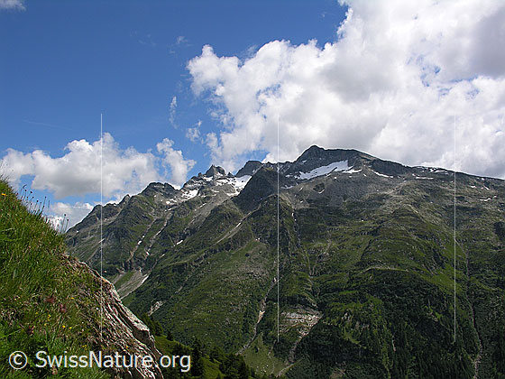 Foto: Blick vom Galen Richtung Schinhörner. Darüber blauer Himmel mit Wolken.