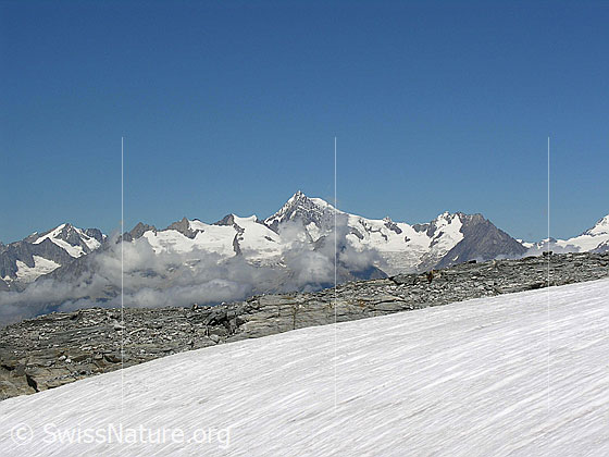 Foto: Blick vom Helsegletscher zu den Berner Alpen (Aletschhorn).