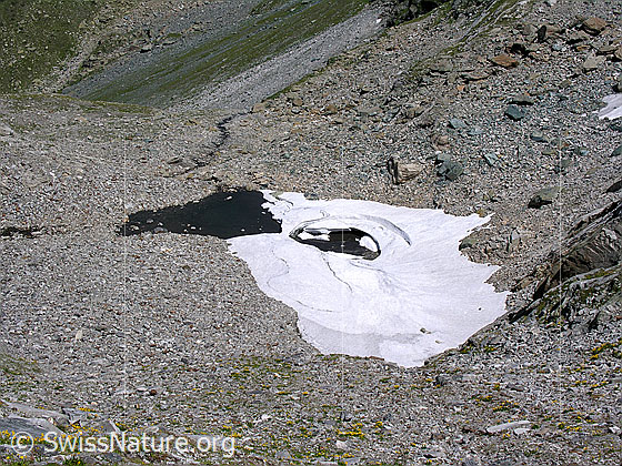 Foto: Im Abstieg vom Halbelfjoch beim Wannigletscher. Kleiner Bergsee neben dem Fleschsee zum Teil mit Eis und Schnee bedeckt.