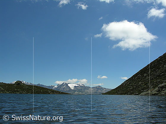 Foto: Unterhalb des Risihorns. Blick über den Mittelsee auf Rappehorn, Ober Rappehorn, Turbechepf und Holzjihorn.