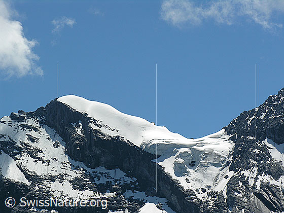 Foto: Gipfelbereich des Tschingelspitz mit Firngrat und Hängeletscher.
Gletscher: Tschingelspitzgletscher.