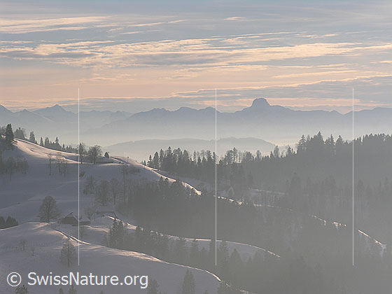 Foto: Abendstimmung über schneebedeckter Hügellandschaft und Voralpen.
Blick vom Vorderarni über schneebedeckte Emmentaler Hügellandschaft zum Stockhorn.