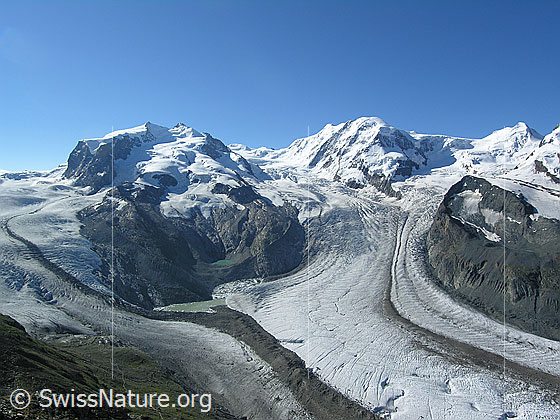 Foto: Blick vom Gornergrat zur Monte Rosa (Nordend, Dufourspitze, Parrotspitze), Liskamm, Castor und auf die weite Gletscherlandschaft mit Gornergletscher, Monte Rosagletscher und Grenzgletscher. Der Gletschersee am Fusse der Monte Rosagruppe wird überwacht, da die Gefahr einer Entleerung besteht.