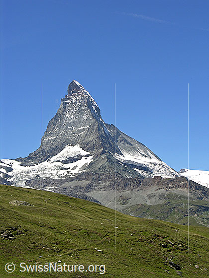 Foto: Matterhorn. In der Mitte der Hörnligrat, rechts der Zmuttgrat (inkl. Zmuttnase).
Am Fuss des Matterhorns links der Furggletscher, rechts der Matterhorngletscher.