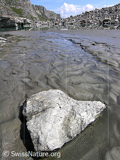 Foto: Schwemmebene mit Struktur im Sand am Rand des Mättitalsees. Im Vordergrund liegt ein Felsblock.